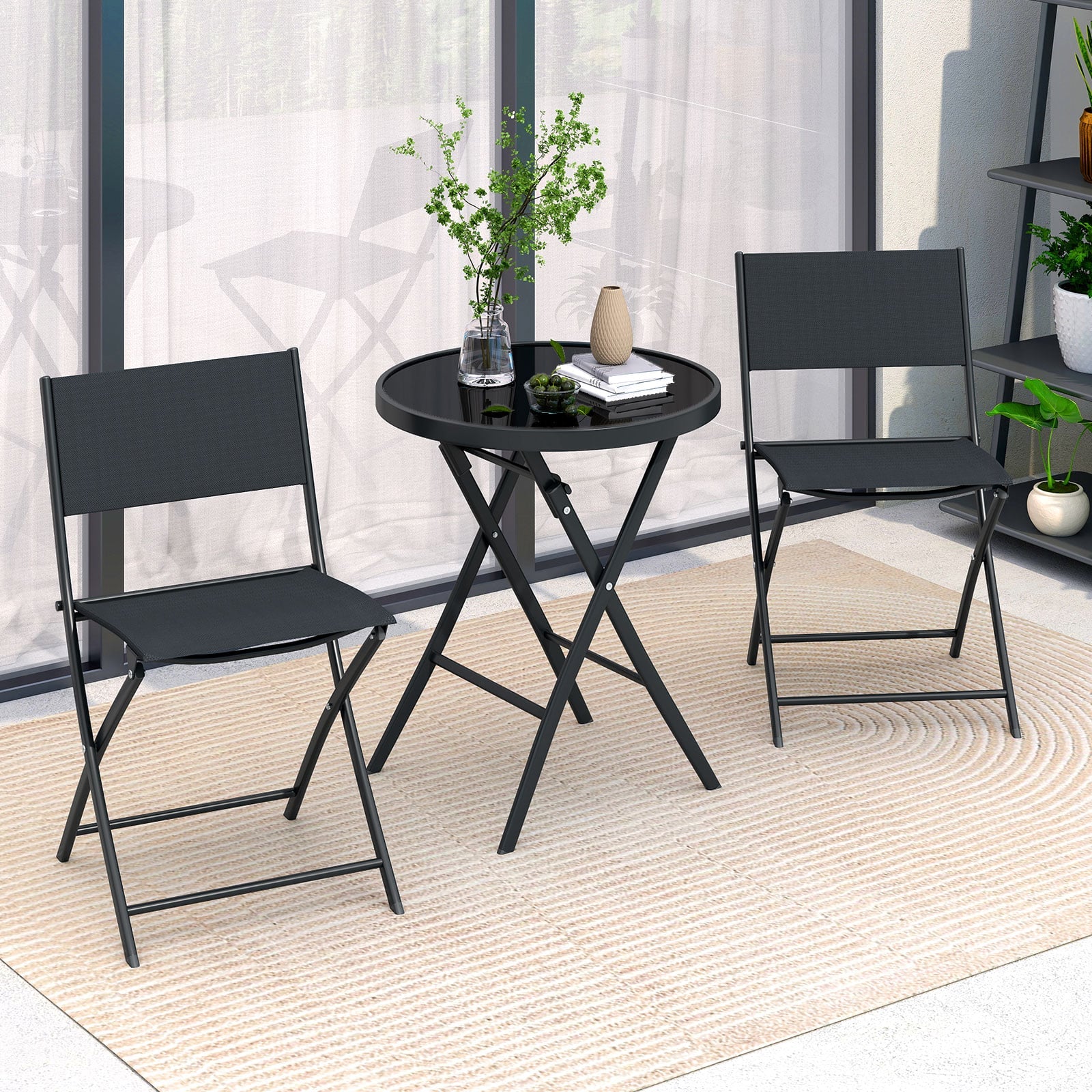 3 Piece Folding Bistro Set Patio Dining Furniture with Breathable Fabric Seat