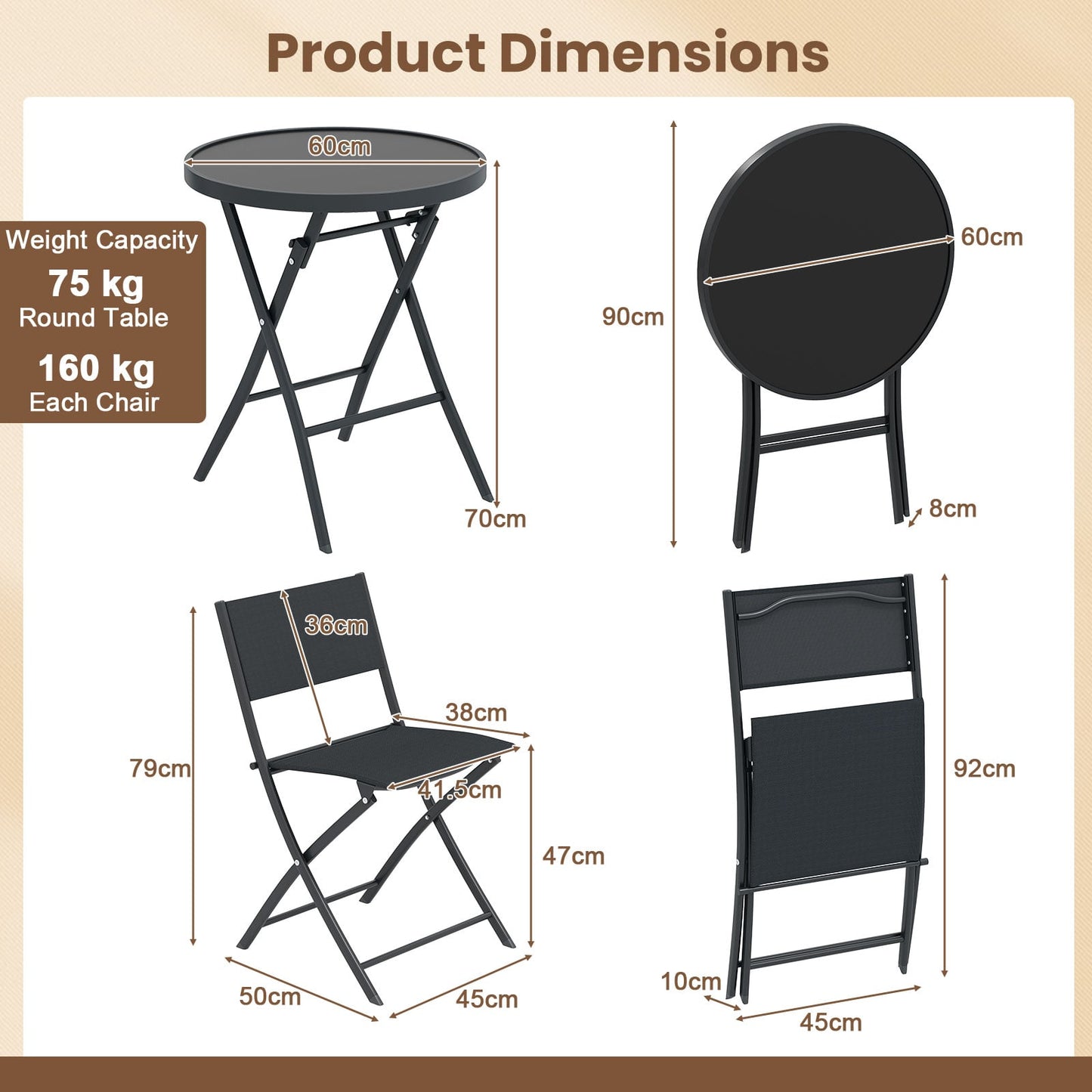 3 Piece Folding Bistro Set Patio Dining Furniture with Breathable Fabric Seat