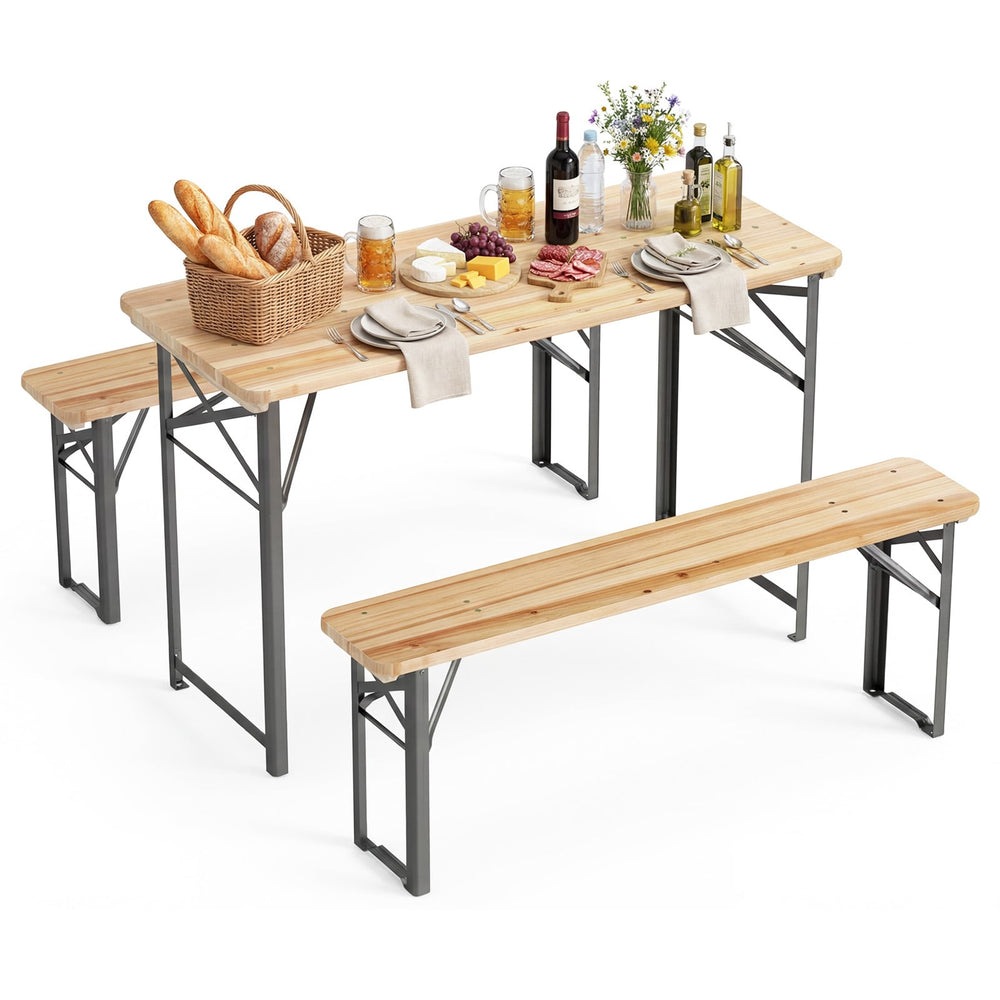 3-Piece Folding Picnic Table with Benches Fir Wood Portable Bear Camping Table-Natural