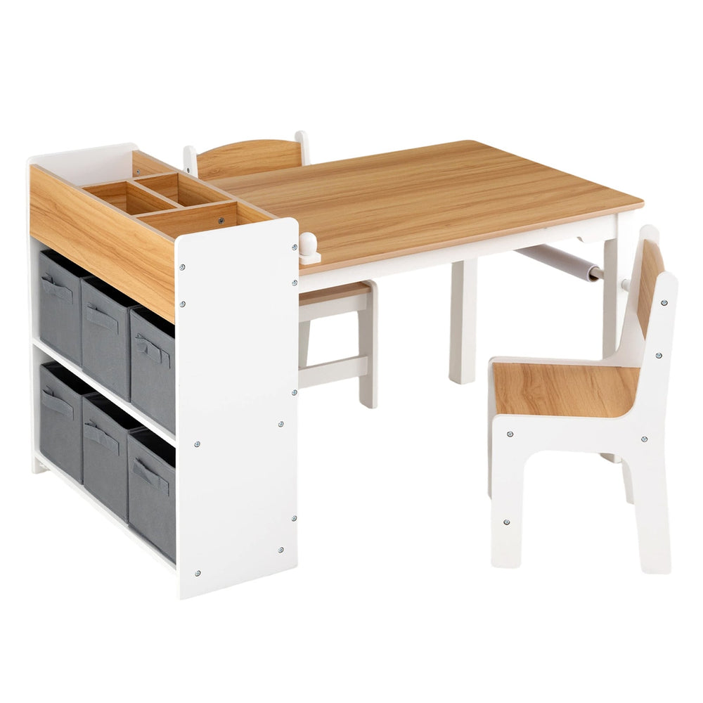 3-Piece Kids Art Table and Chair Set with 6 Removable Storage Bins-Natural