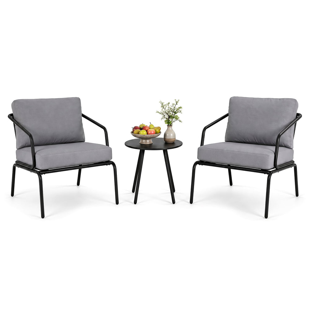 3 Piece Outdoor Bistro Set Round Side Table and 2 Armchairs with Padded Cushions-Grey
