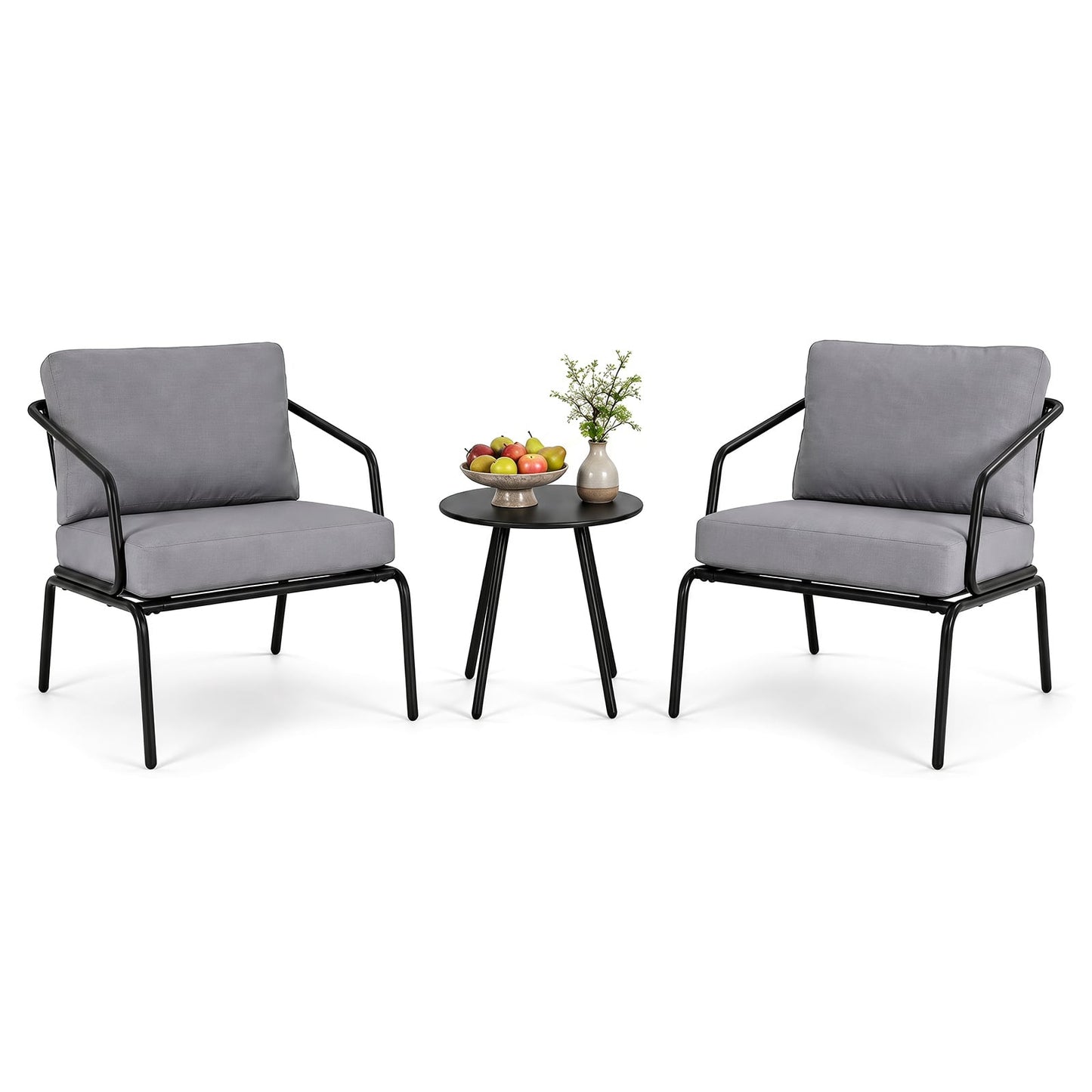 3 Piece Outdoor Bistro Set Round Side Table and 2 Armchairs with Padded Cushions-Grey