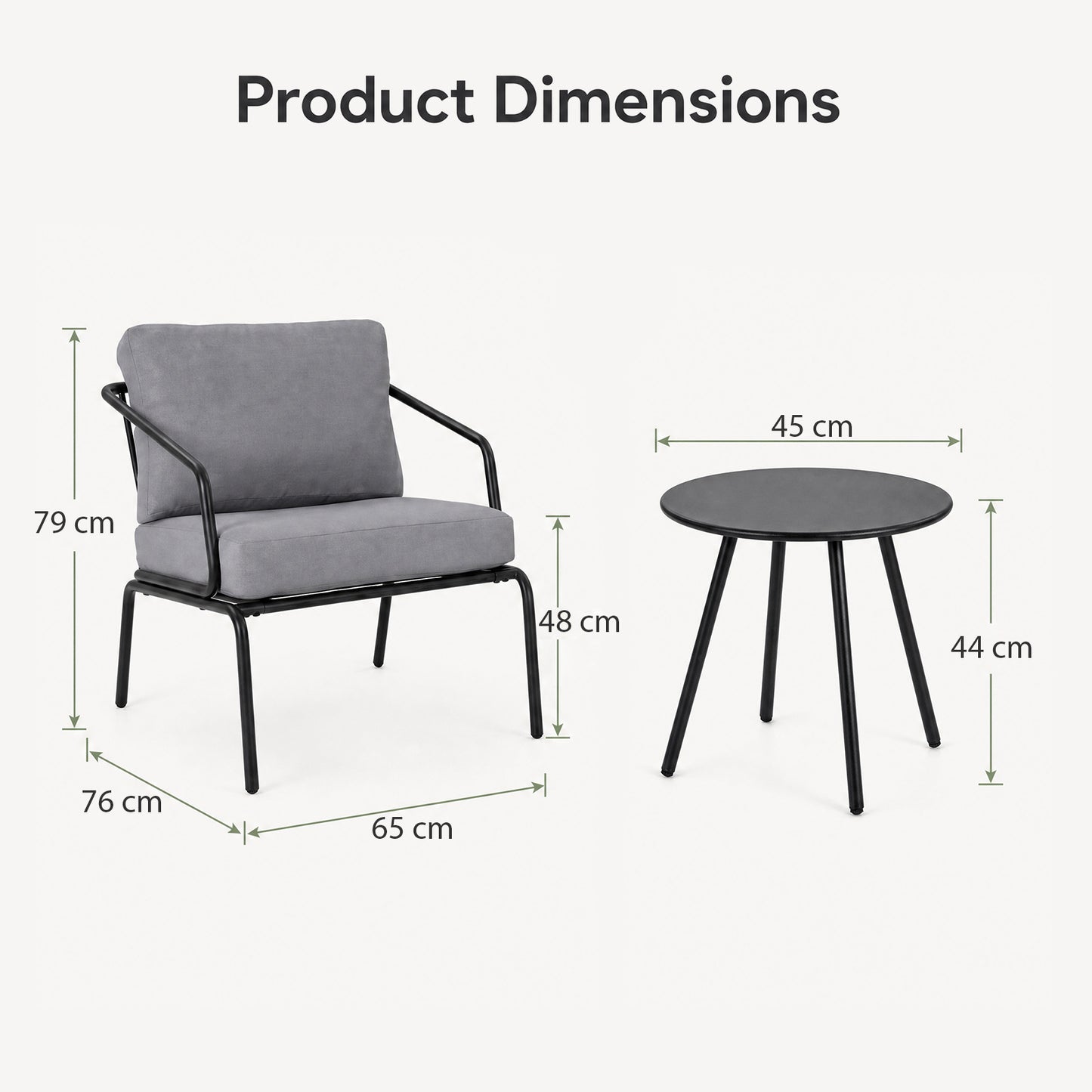 3 Piece Outdoor Bistro Set Round Side Table and 2 Armchairs with Padded Cushions-Grey