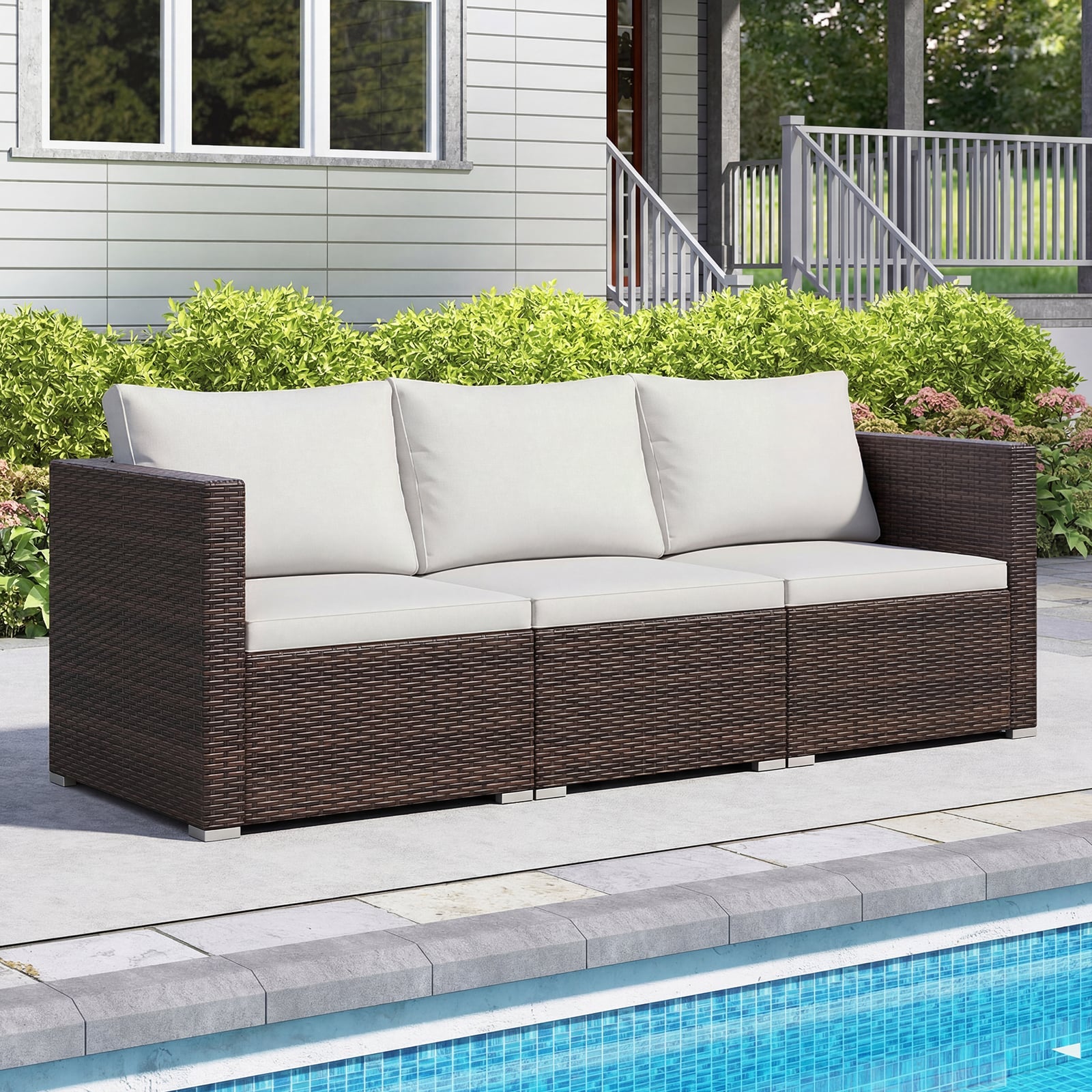 3-Piece Outdoor Wicker Sectional Sofa Set PE Rattan Modular Couch with Thick Cushions-White