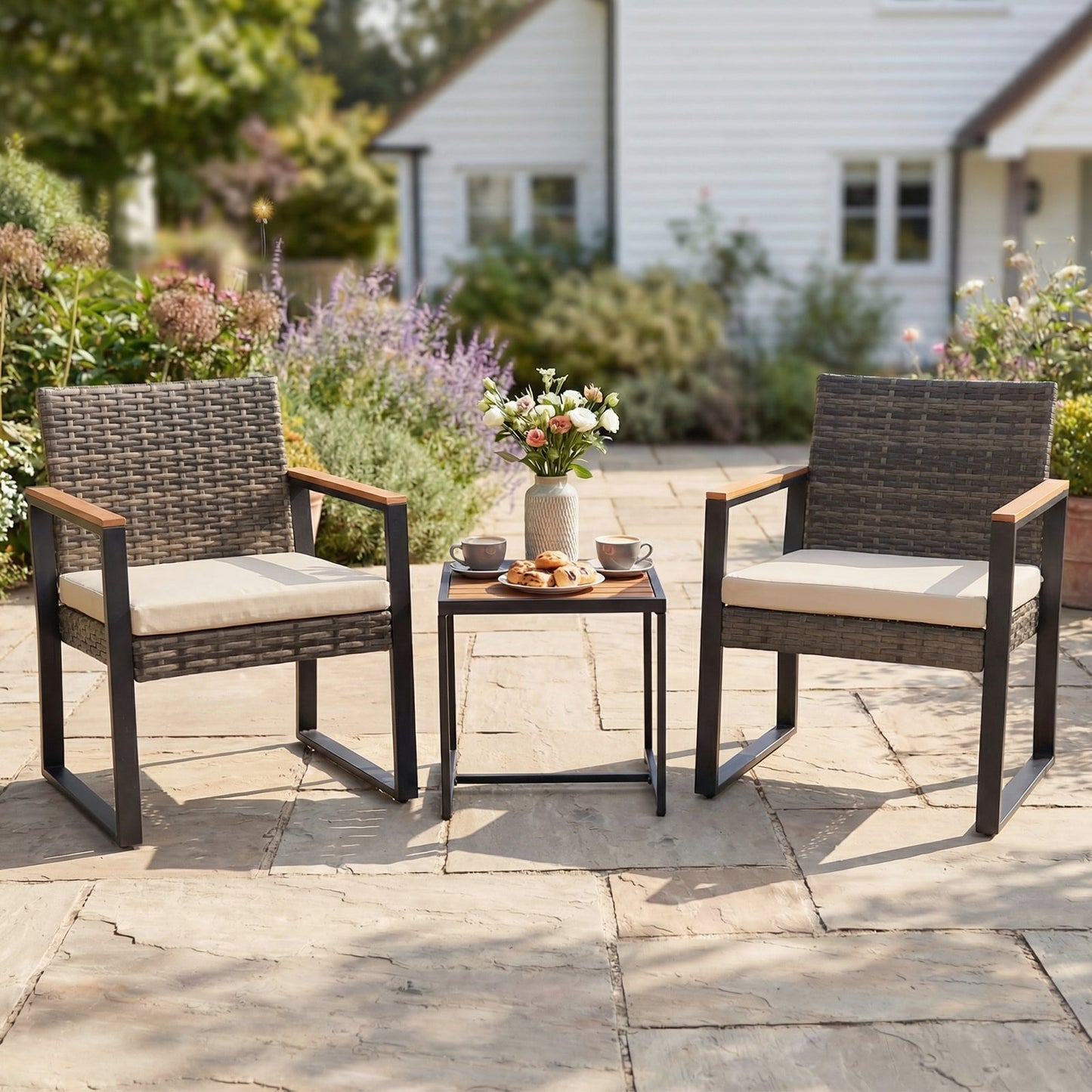 3-Piece PE Wicker Patio Set with Soft Cushion and Side Table for Balcony-Beige