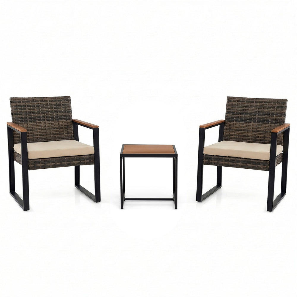 3-Piece PE Wicker Patio Set with Soft Cushion and Side Table for Balcony-Beige