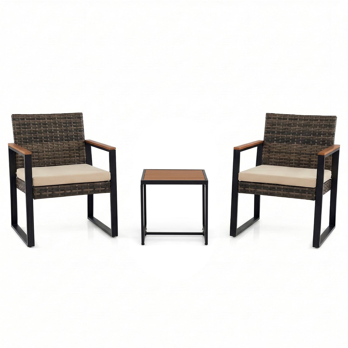 3-Piece PE Wicker Patio Set with Soft Cushion and Side Table for Balcony-Beige