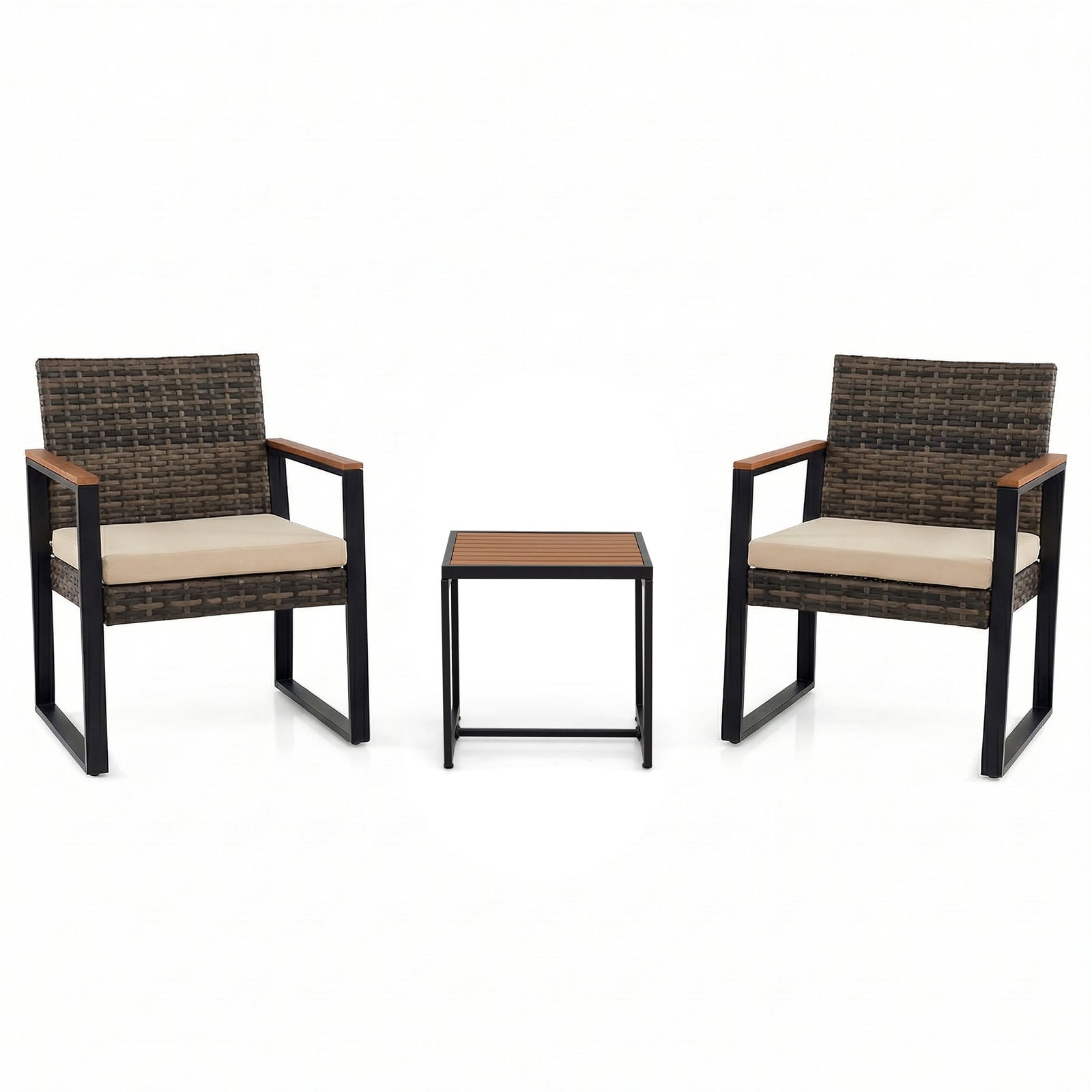 3-Piece PE Wicker Patio Set with Soft Cushion and Side Table for Balcony-Beige