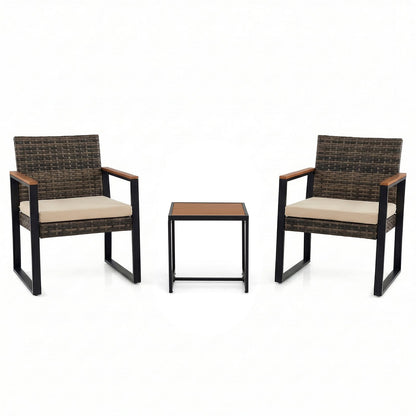 3-Piece PE Wicker Patio Set with Soft Cushion and Side Table for Balcony-Beige
