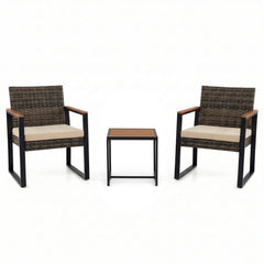 3-Piece PE Wicker Patio Set with Soft Cushion and Side Table for Balcony-Beige
