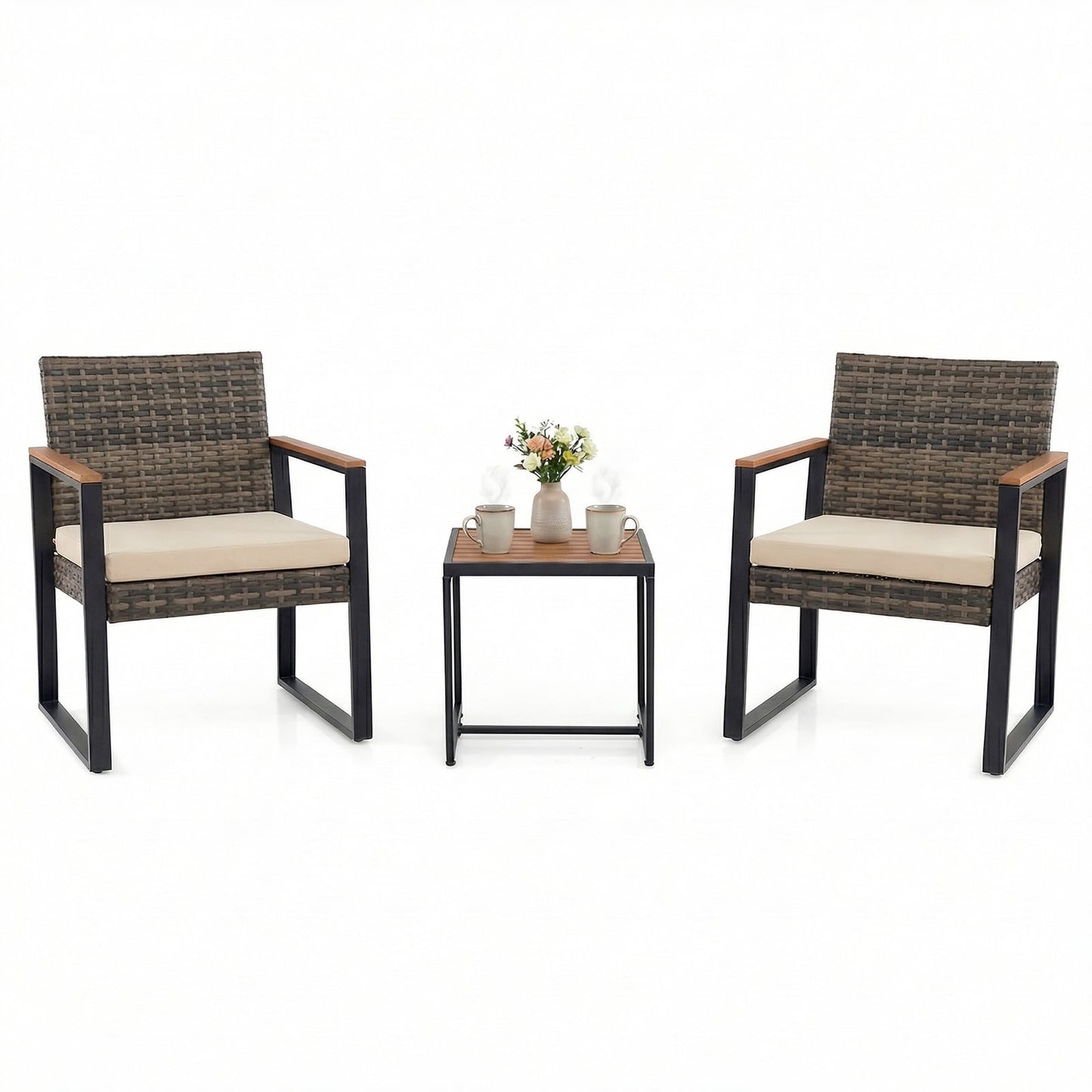 3-Piece PE Wicker Patio Set with Soft Cushion and Side Table for Balcony-Beige