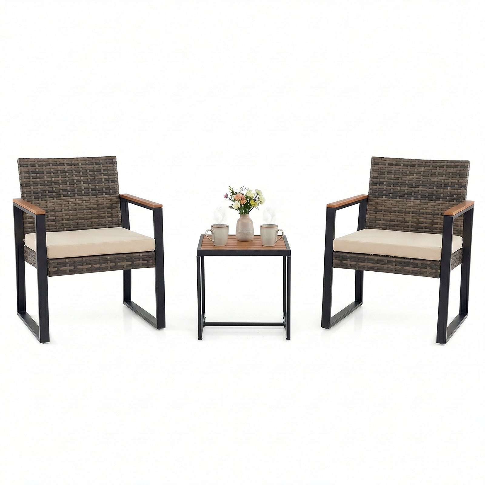 3-Piece PE Wicker Patio Set with Soft Cushion and Side Table for Balcony-Beige