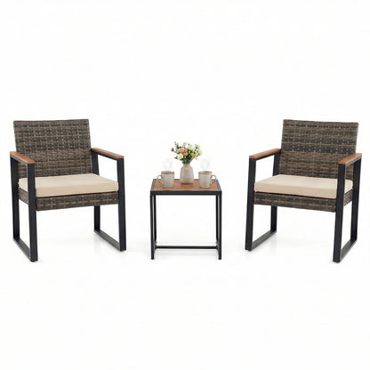 3-Piece PE Wicker Patio Set with Soft Cushion and Side Table for Balcony-Beige