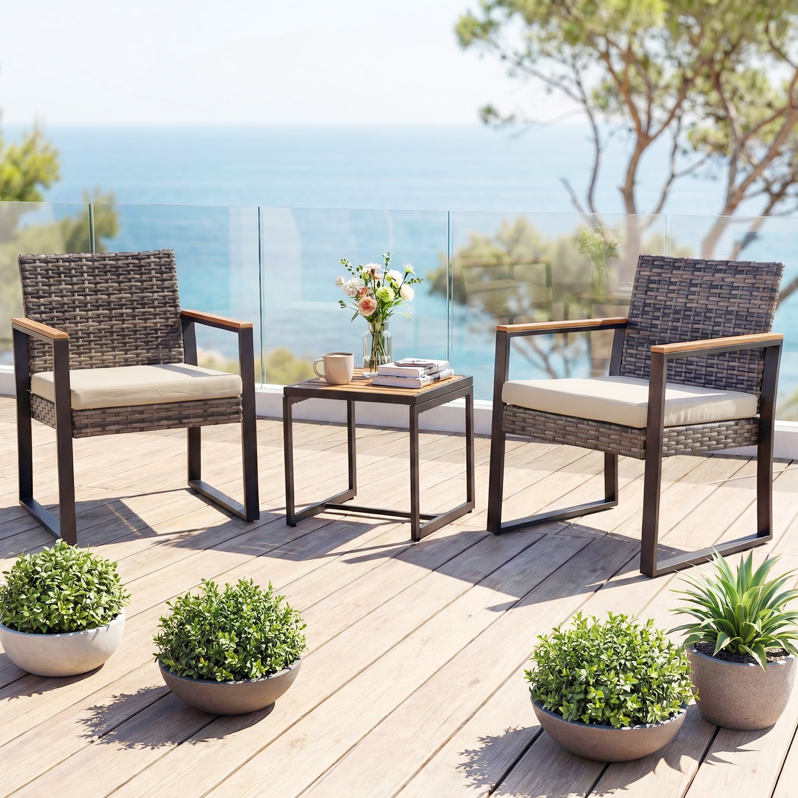 3-Piece PE Wicker Patio Set with Soft Cushion and Side Table for Balcony-Beige