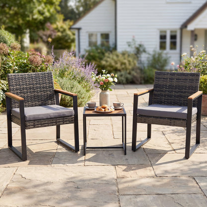 3-Piece PE Wicker Patio Set with Soft Cushion and Side Table for Balcony-Grey