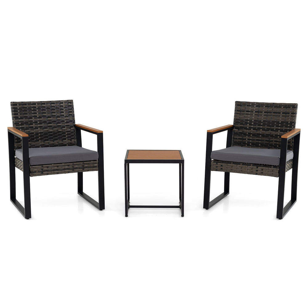 3-Piece PE Wicker Patio Set with Soft Cushion and Side Table for Balcony-Grey