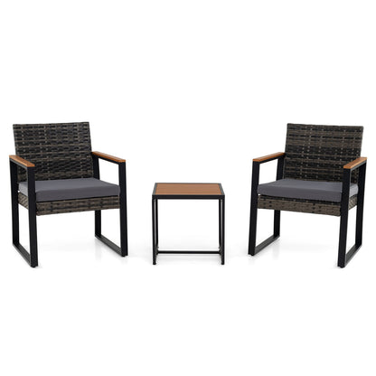 3-Piece PE Wicker Patio Set with Soft Cushion and Side Table for Balcony-Grey