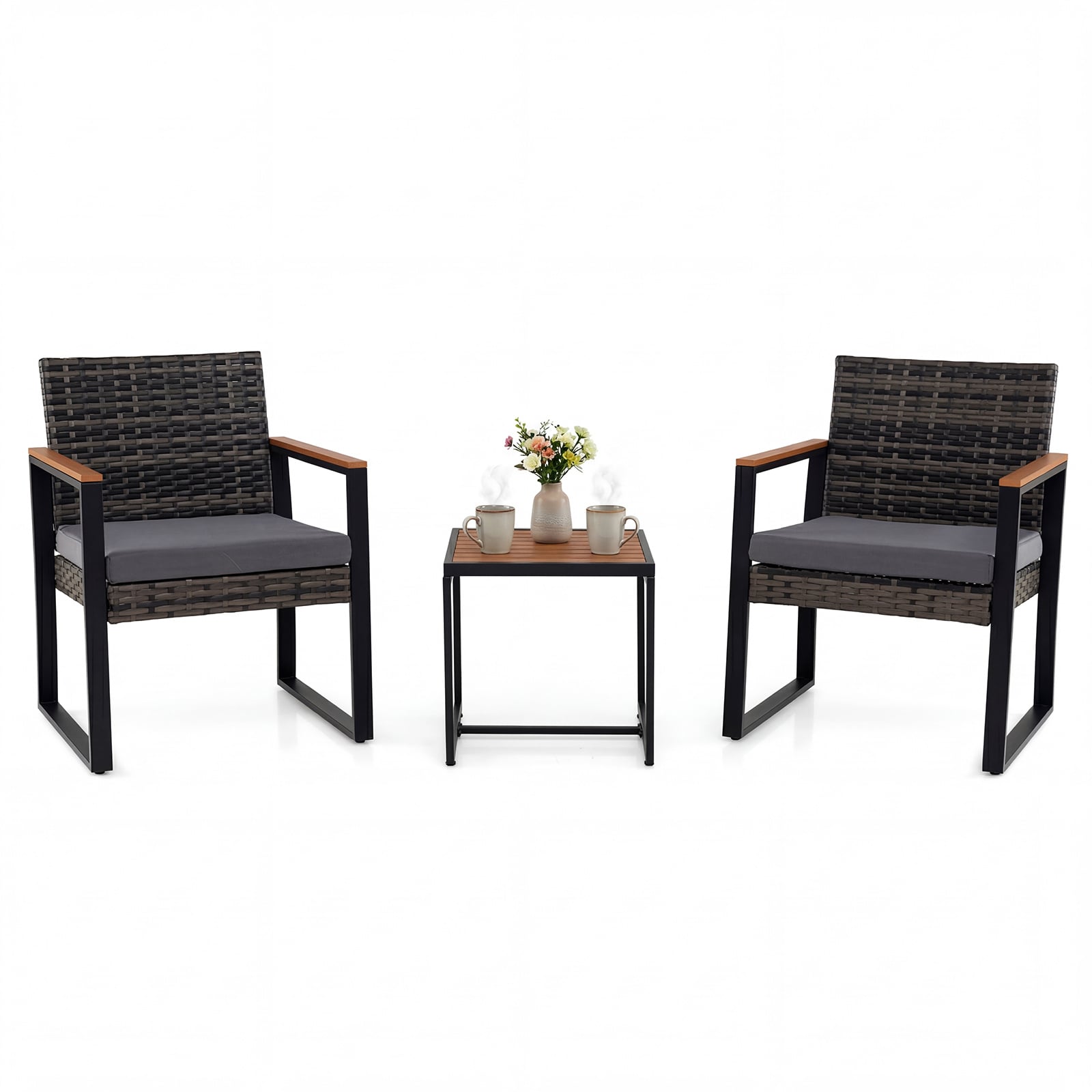 3-Piece PE Wicker Patio Set with Soft Cushion and Side Table for Balcony-Grey