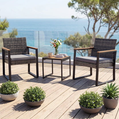 3-Piece PE Wicker Patio Set with Soft Cushion and Side Table for Balcony-Grey