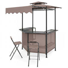 3-Piece Patio Bar Set and Outdoor BBQ Canopy with Bar Table and 2 Folding Bar Stools for Backyard-Brown