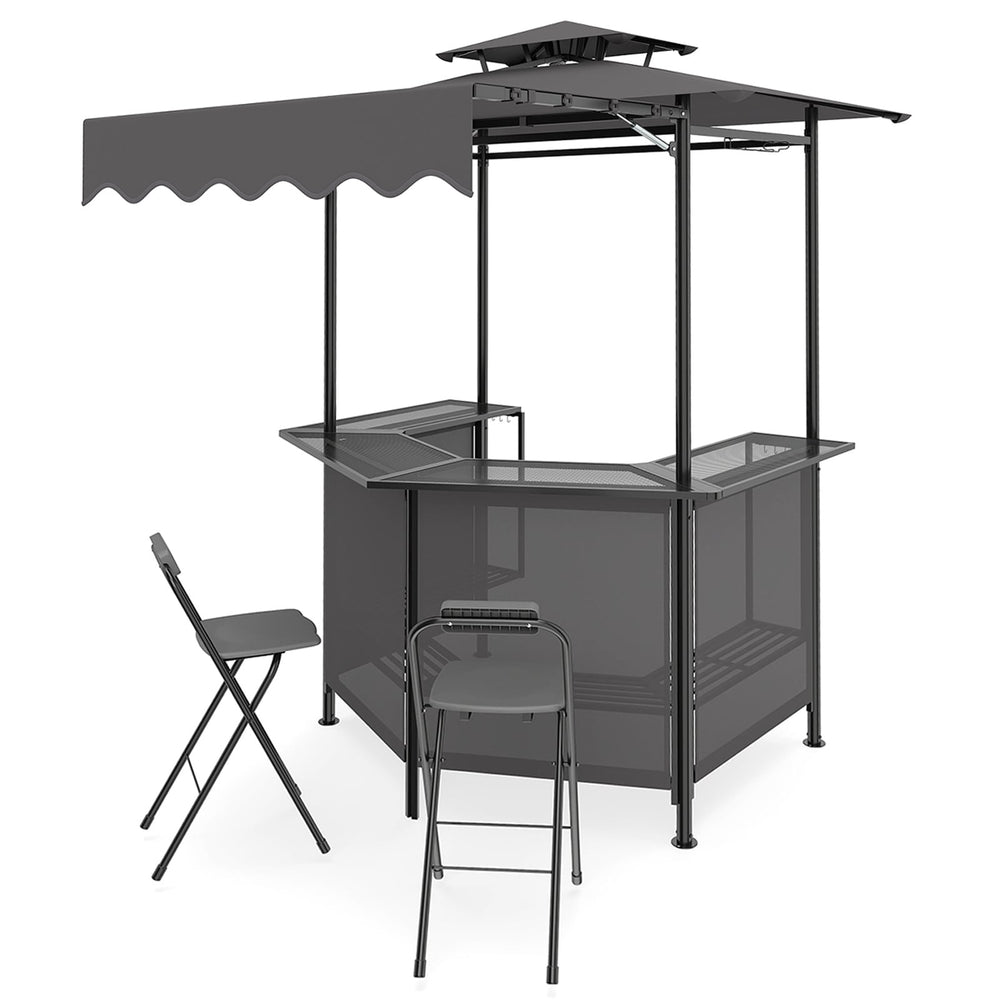 3-Piece Patio Bar Set and Outdoor BBQ Canopy with Bar Table and 2 Folding Bar Stools for Backyard-Grey