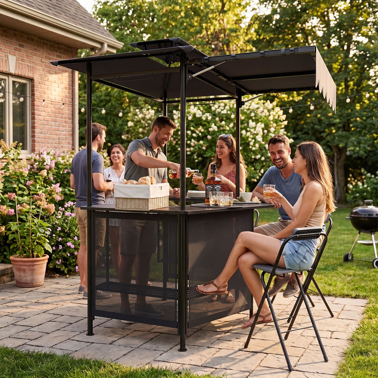 3-Piece Patio Bar Set and Outdoor BBQ Canopy with Bar Table and 2 Folding Bar Stools for Backyard-Grey