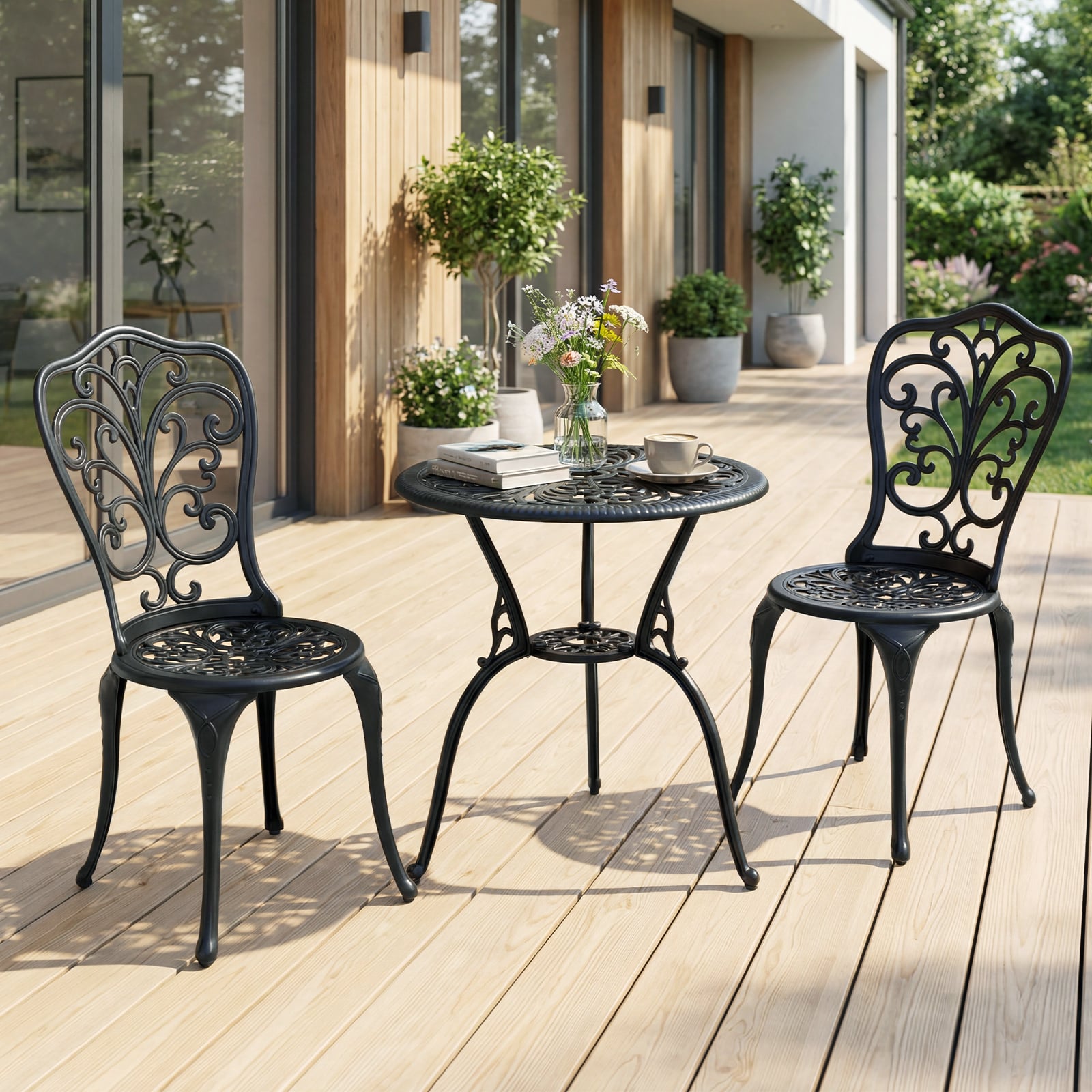3-Piece Patio Bistro Set All Weather Cast Aluminum Table and Chairs with Umbrella Hole and Butterfly Backrests-Black