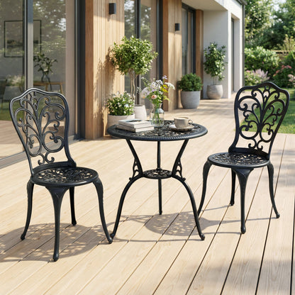 3-Piece Patio Bistro Set All Weather Cast Aluminum Table and Chairs with Umbrella Hole and Butterfly Backrests-Black