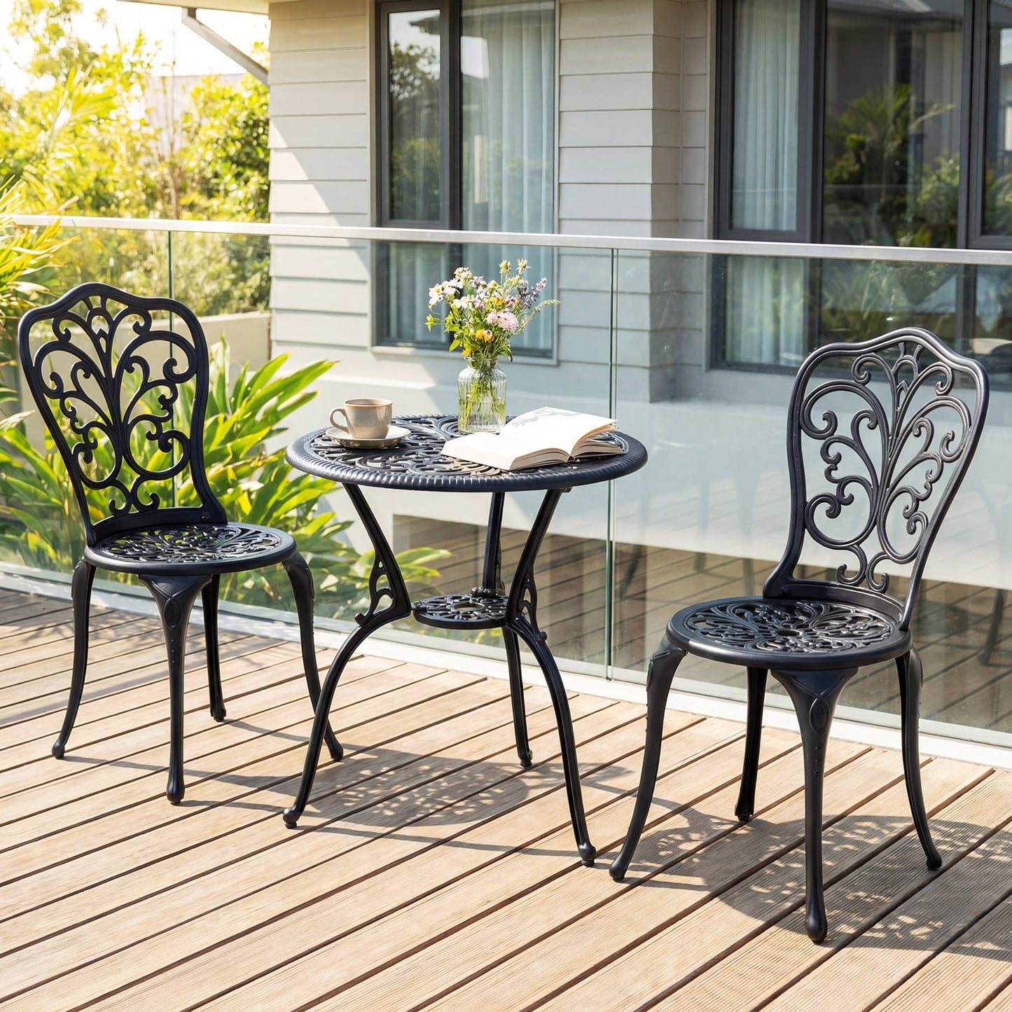 3-Piece Patio Bistro Set All Weather Cast Aluminum Table and Chairs with Umbrella Hole and Butterfly Backrests-Black