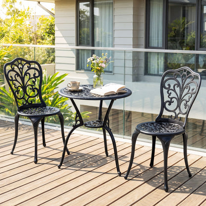 3-Piece Patio Bistro Set All Weather Cast Aluminum Table and Chairs with Umbrella Hole and Butterfly Backrests-Black