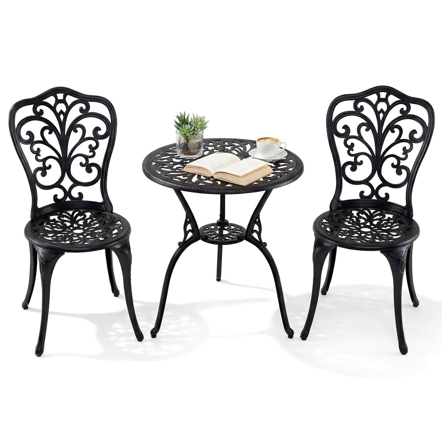 3-Piece Patio Bistro Set All Weather Cast Aluminum Table and Chairs with Umbrella Hole and Butterfly Backrests-Black