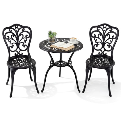 3-Piece Patio Bistro Set All Weather Cast Aluminum Table and Chairs with Umbrella Hole and Butterfly Backrests-Black