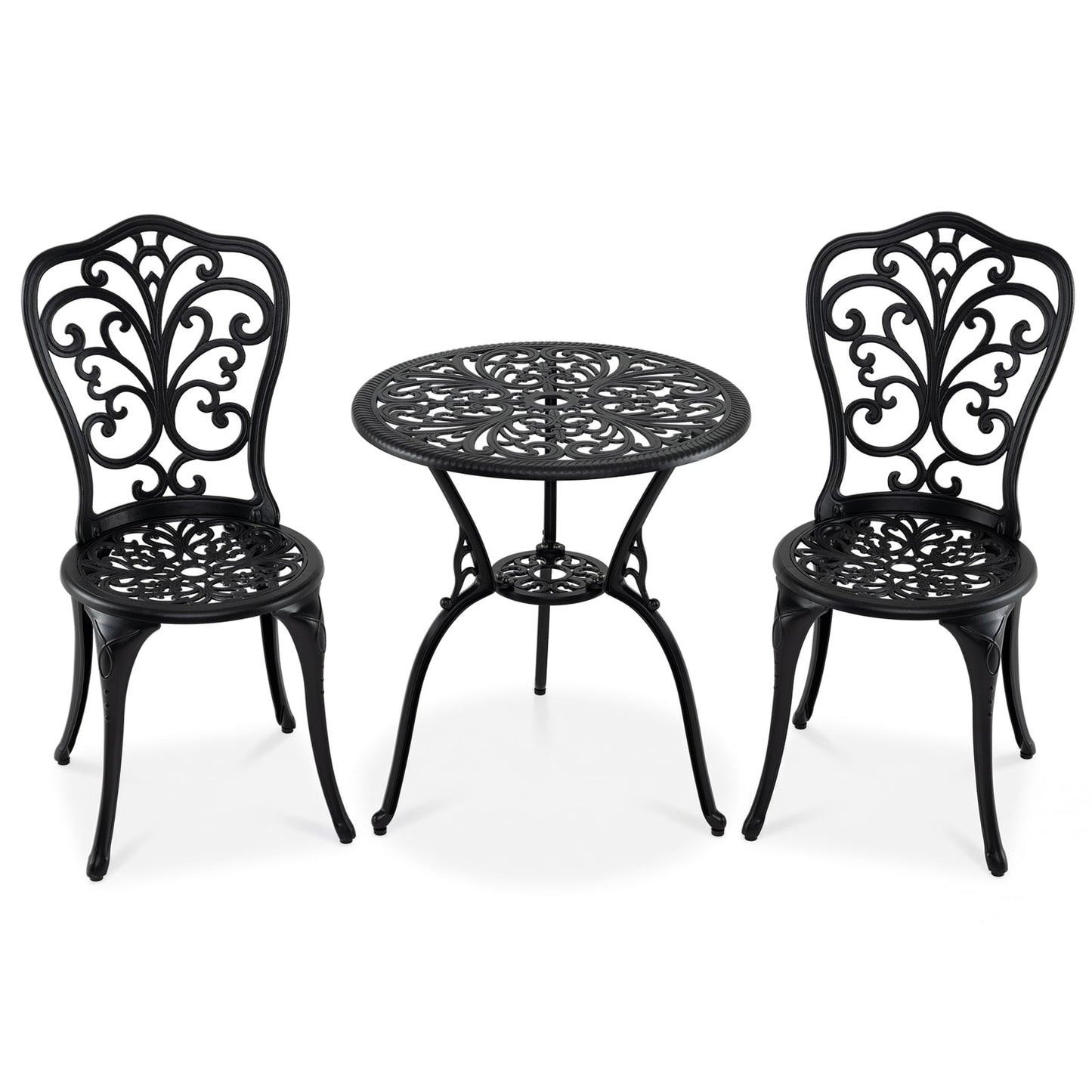 3-Piece Patio Bistro Set All Weather Cast Aluminum Table and Chairs with Umbrella Hole and Butterfly Backrests-Black
