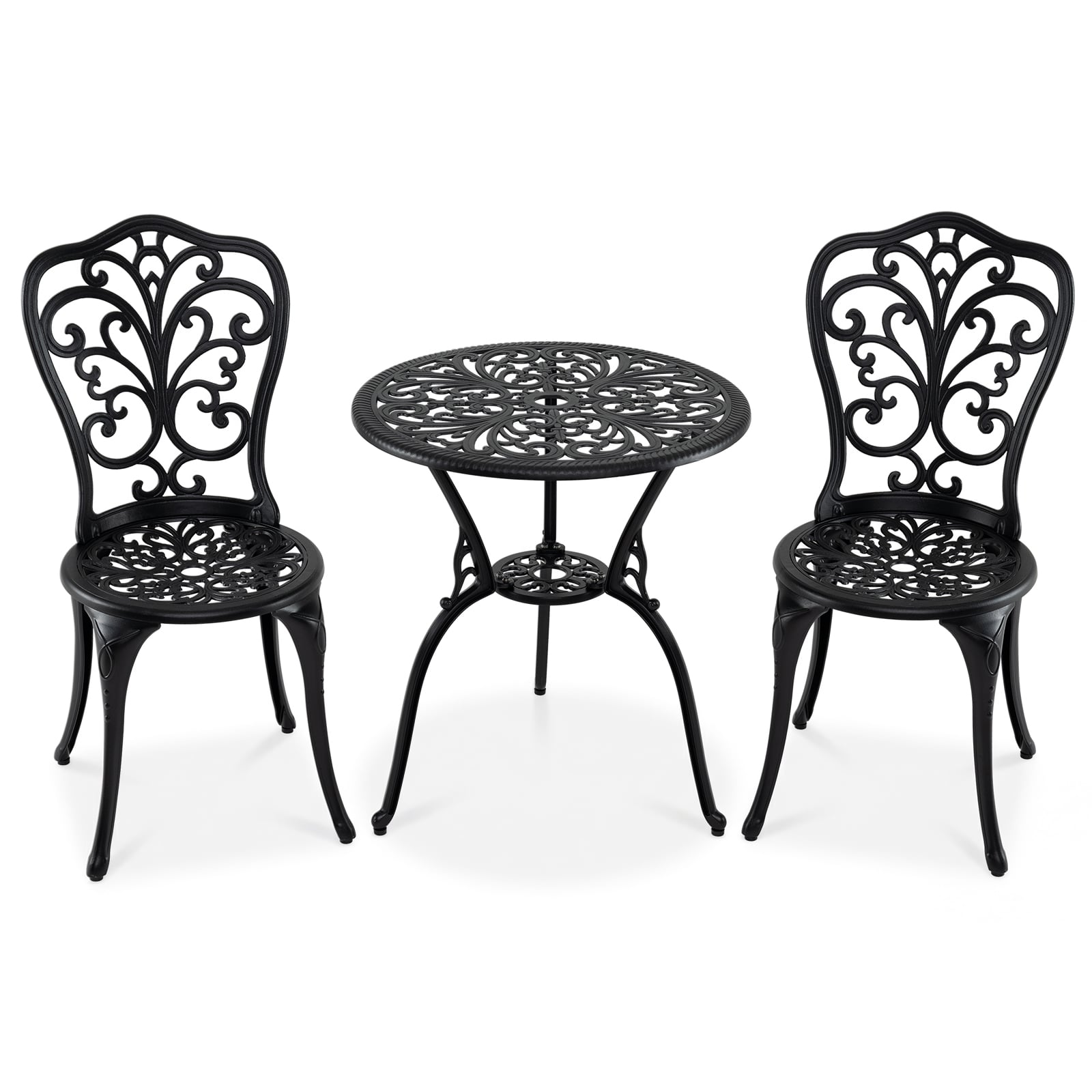 3-Piece Patio Bistro Set All Weather Cast Aluminum Table and Chairs with Umbrella Hole and Butterfly Backrests-Black