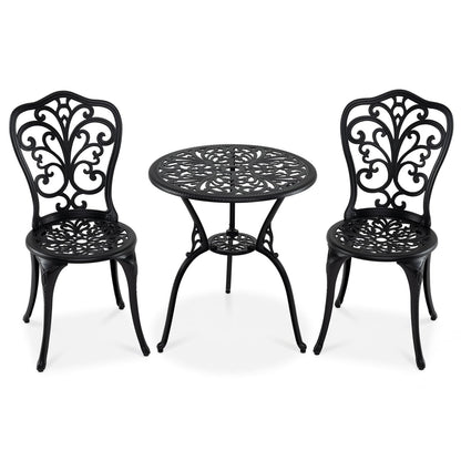 3-Piece Patio Bistro Set All Weather Cast Aluminum Table and Chairs with Umbrella Hole and Butterfly Backrests-Black
