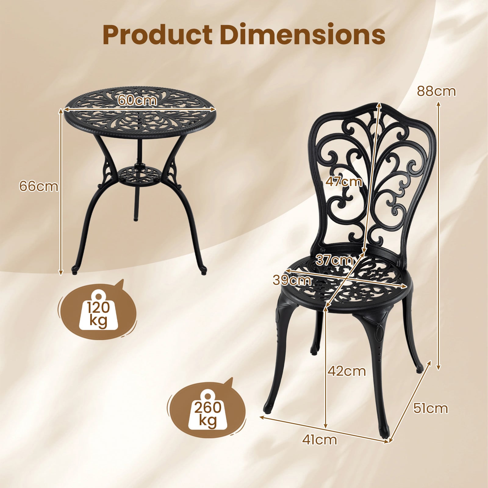 3-Piece Patio Bistro Set All Weather Cast Aluminum Table and Chairs with Umbrella Hole and Butterfly Backrests-Black