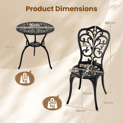 3-Piece Patio Bistro Set All Weather Cast Aluminum Table and Chairs with Umbrella Hole and Butterfly Backrests-Black
