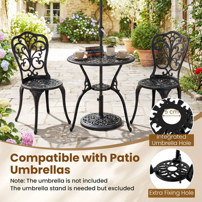 3-Piece Patio Bistro Set All Weather Cast Aluminum Table and Chairs with Umbrella Hole and Butterfly Backrests-Black