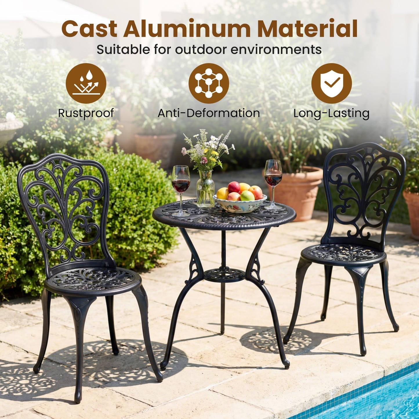 3-Piece Patio Bistro Set All Weather Cast Aluminum Table and Chairs with Umbrella Hole and Butterfly Backrests-Black