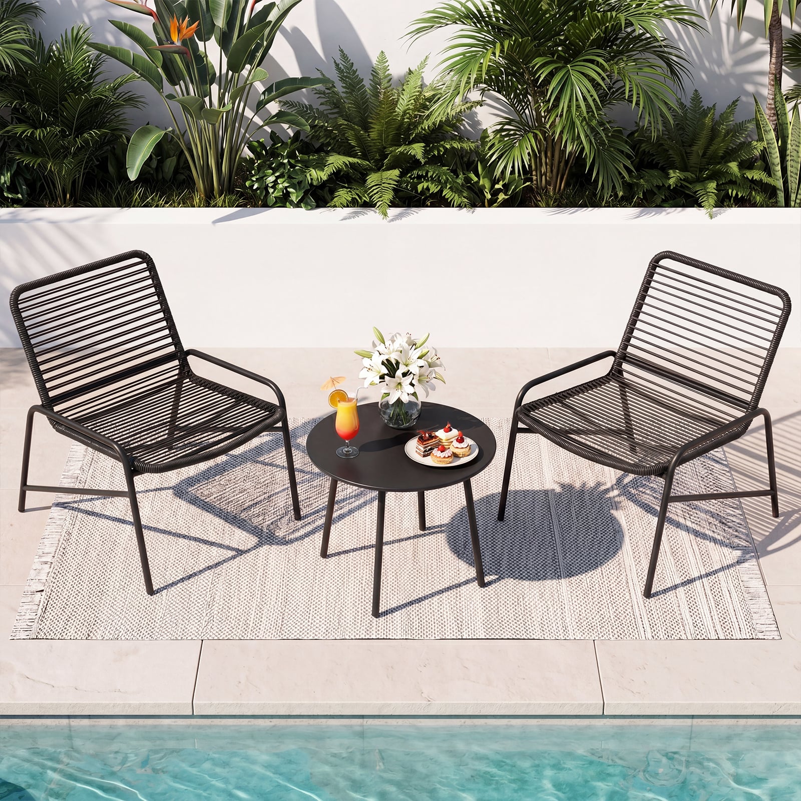 3 Piece Patio Bistro Set Rattan Chairs with Side Table Outdoor Wicker Conversation Set-Black