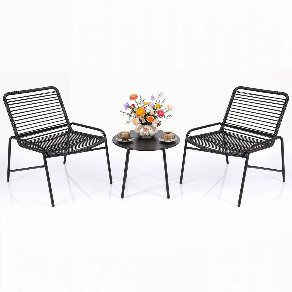 3 Piece Patio Bistro Set Rattan Chairs with Side Table Outdoor Wicker Conversation Set-Black