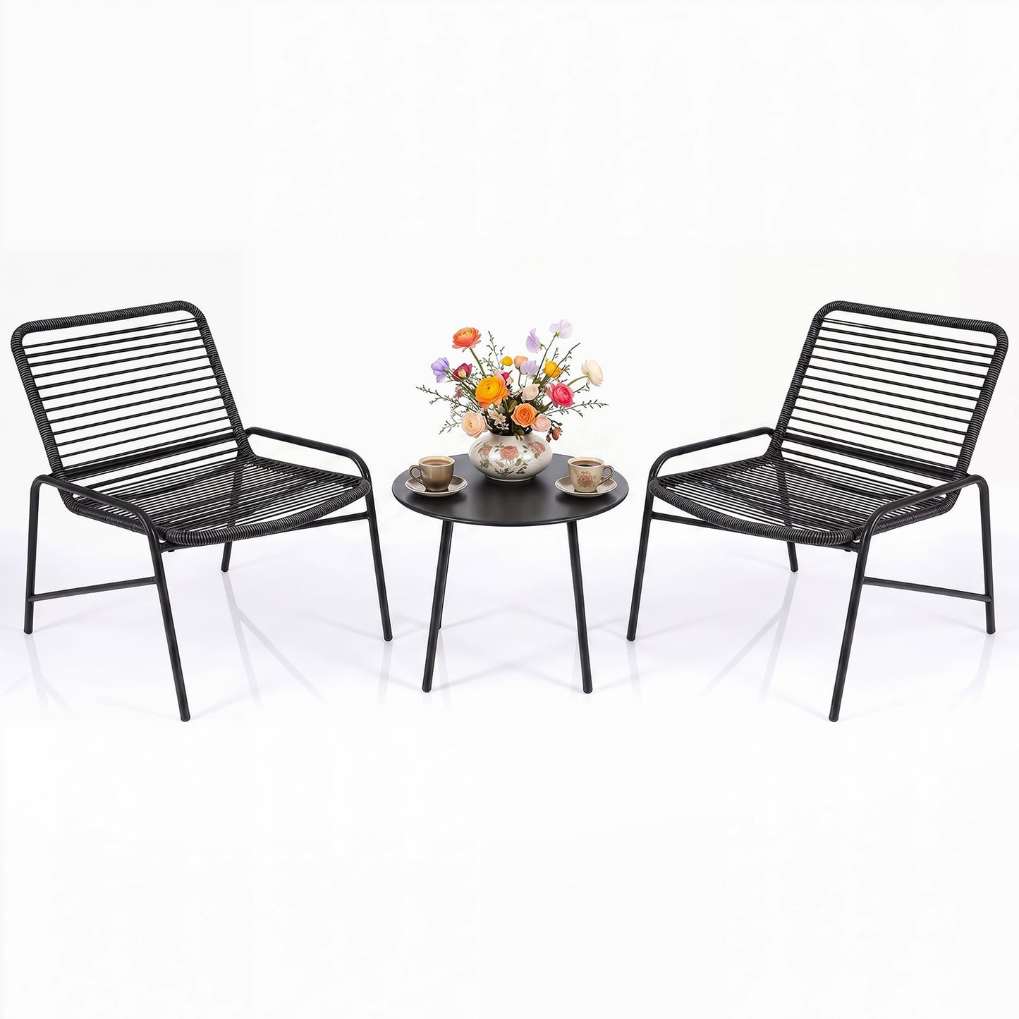 3 Piece Patio Bistro Set Rattan Chairs with Side Table Outdoor Wicker Conversation Set-Black