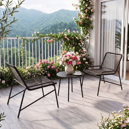 3 Piece Patio Bistro Set Rattan Chairs with Side Table Outdoor Wicker Conversation Set-Black