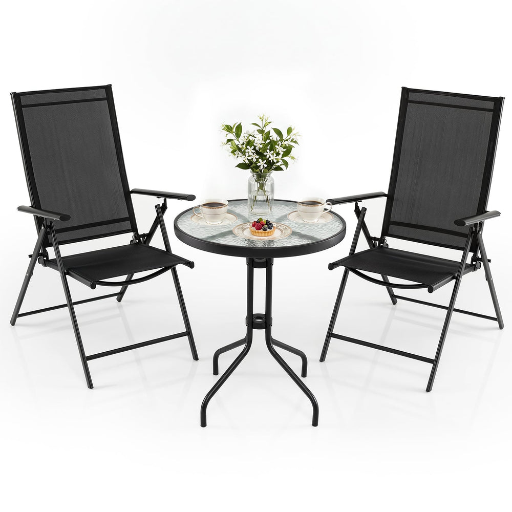 3 Piece Patio Bistro Set with Tempered Glass Coffee Table and Heavy Duty Metal Frame-Black