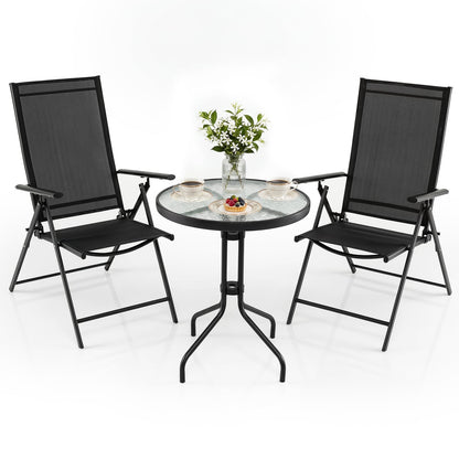 3 Piece Patio Bistro Set with Tempered Glass Coffee Table and Heavy Duty Metal Frame-Black