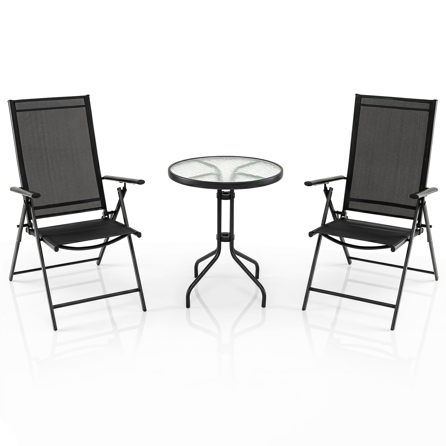 3 Piece Patio Bistro Set with Tempered Glass Coffee Table and Heavy Duty Metal Frame-Black