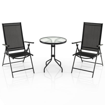 3 Piece Patio Bistro Set with Tempered Glass Coffee Table and Heavy Duty Metal Frame-Black