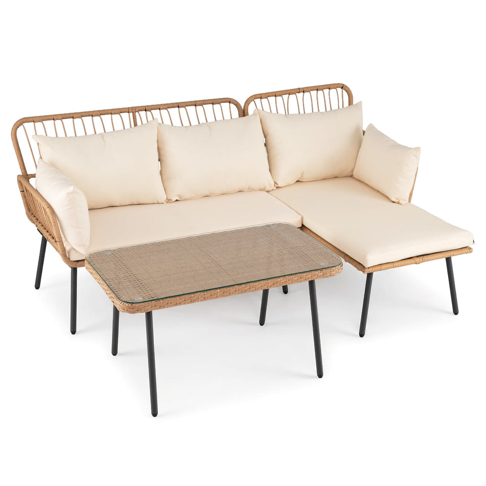 3-Piece Patio Furniture Set with Coffee Table and L-Shaped Sectional Sofa-Beige