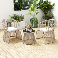 3 Piece Patio Leisure Chair Set Rope-Woven Armchairs and Table Set with Soft Seat Cushions-White