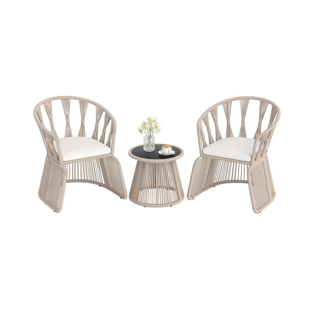 3 Piece Patio Leisure Chair Set Rope-Woven Armchairs and Table Set with Soft Seat Cushions-White